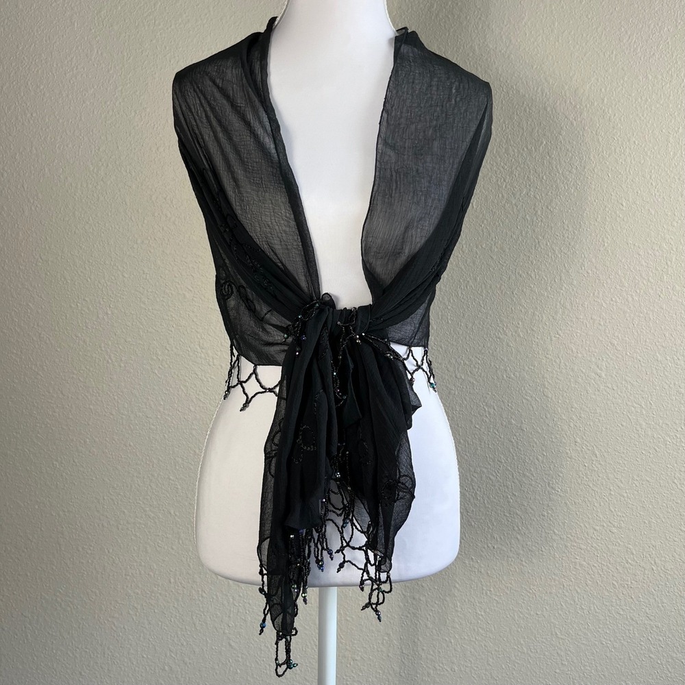 VTG Black Beaded Floral Embroidered Sheer Shawl Wrap Fringe Whimsigoth Vamp Y2K